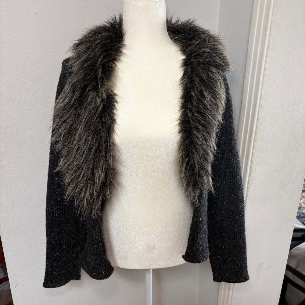Y2K INC Wool Blend Faux Fur Cardigan Removable Collar Womens S Gray Knit vintage